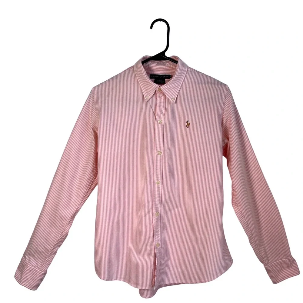 Ralph Lauren Kids Boys Pink White Striped Button Down Shirt Slim Fit Size 10